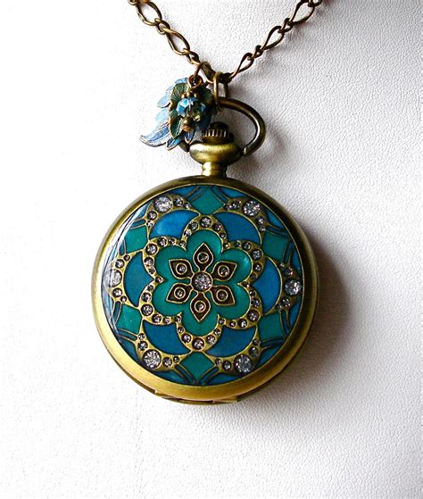 Pocket Watch Locket Pendant Necklace Set Teal Turquoise Blue And Etsy