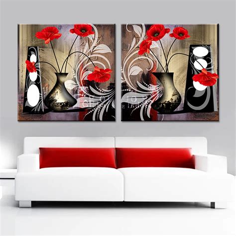Drop Shipping 2 Piece Red Flower Vase Canvas Print Oil Painting Wall