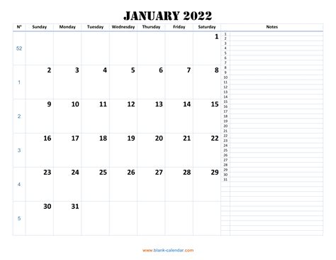 Printable Calendar 2022 With Notes Printable Blank World