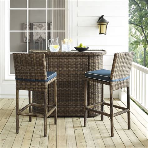 Crosley Bradenton 3 Piece Wicker Patio Bar Set In Brown And Navy