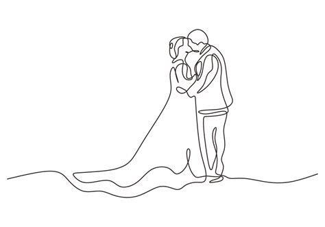 Continuous One Line Drawing Of Happy Couple In Marriage Man And Woman Wearing Wedding Dress
