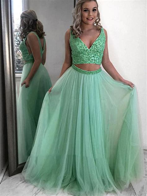 Mint Green A Line V Neck Two Piecee Beading Tulle Long Prom Dresses T