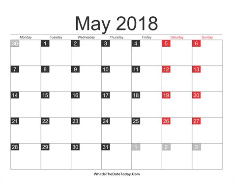2018 May Calendar Printable Whatisthedatetodaycom