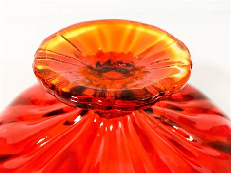 Vintage Amberina Pedestal Glass Bowl Retro Red Orange Trim Scalloped Frilled Edges Viking