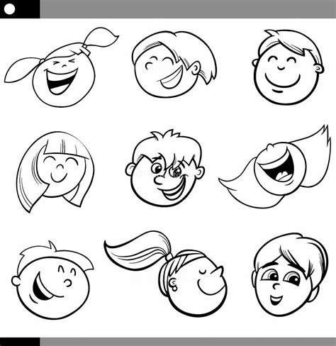 Black And White Cartoon Illustration Of Happy Children Faces Set