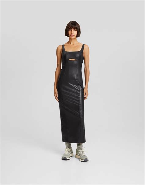 Fitted Leather Effect Strappy Midi Dress Women Bershka