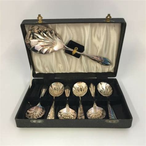 Vintage Sheffield Silver Plated Epns Dessert Spoon Set 7 Pieces In Case