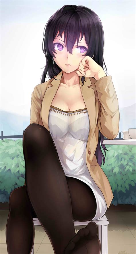 Wallpaper Rambut Panjang Gadis Anime Stoking Gambar Kartun Rambut Hitam Mulut Buka Baju