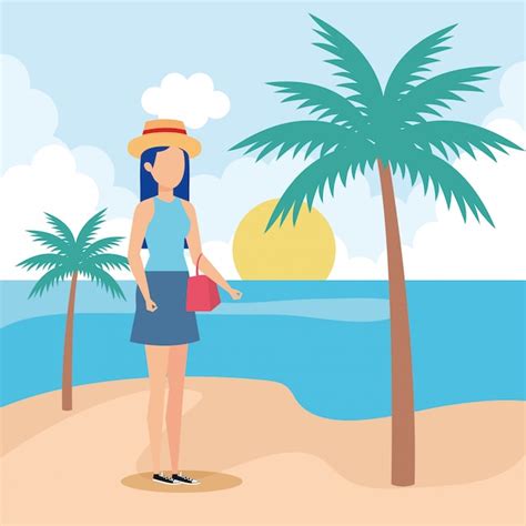 Premium Vector Tourist Girl With Summer Hat On The Beach