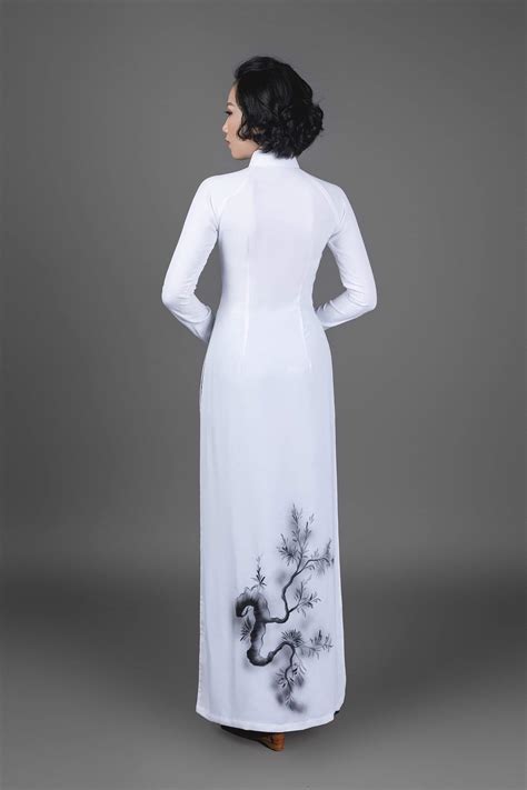 Vietnamese Ao Dai Dress In White Silk Fabric Hand Painted Pagoda Mot