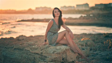 Free Wallpapers Girl Brunette Stones Beach Pose Bracelet Sunset View Dress