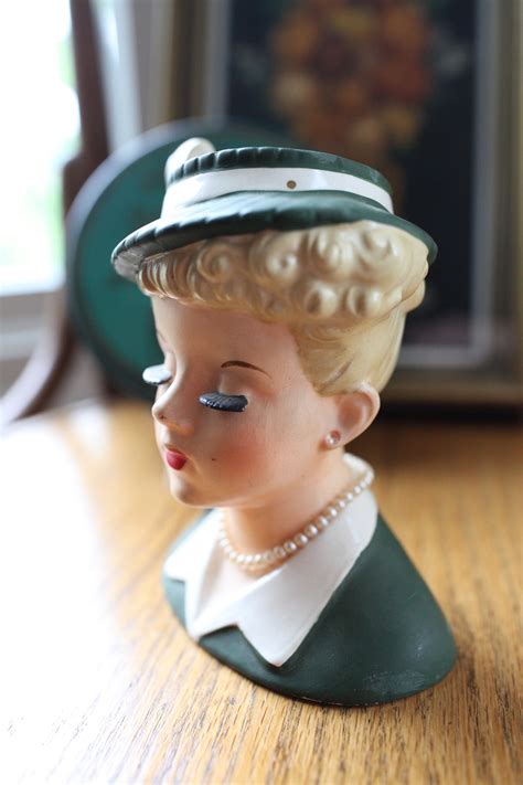 Vintage Napco Head Vase Lady Head Vase Green With Hat Etsy