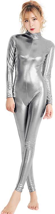 Speerise Womens Shiny Metallic Catsuit Long Sleeve Unitard Bodysuit Sliver L