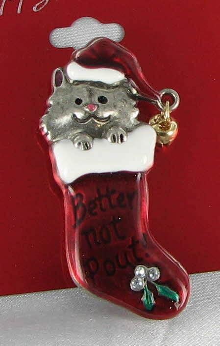 New Cat Xmas Pin Brooch Kitty Kitten Christmas Stocking Bell Holly Red