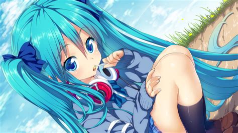 Blue Eyes Green Hair Hatsune Miku Headphones Hisashi Nekoman Lollipop Ribbons