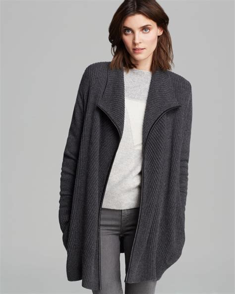 Lyst Vince Cardigan Leather Trim Drape In Gray