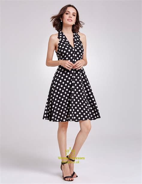 Sleeveless Black And White Polka Dot Knee Length V Neck A Line Dress Vampal Dresses