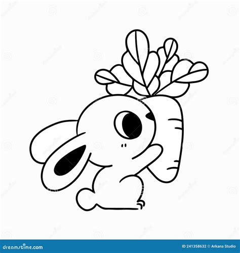Cute Little Bunny Playing With Carrot Coloring Page Doodle Illustration