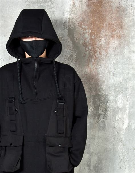 Tops Strap Pocket Black Techwear Hoodie 274 For Only