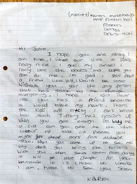 Jun 16, 2021 · email. Karen Matthews prison letters to friend Julie Bushby ...