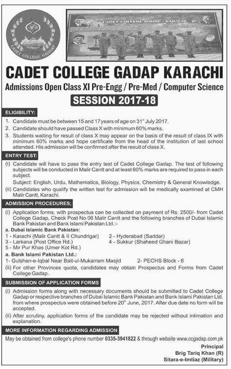 Cadet College Gadap Karachi Admission Open 2023 Application Form