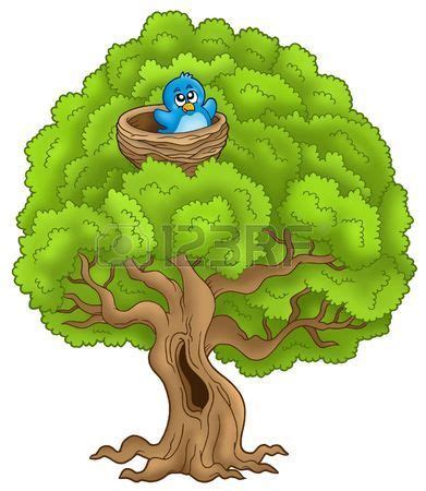 Mignon aimez les oiseaux avec des arbres sur fond blanc. Grand arbre avec blue bird en nid - illustration de la ...