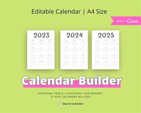 3 Year Calendar Builder Editable In Canva Template Easy Etsy