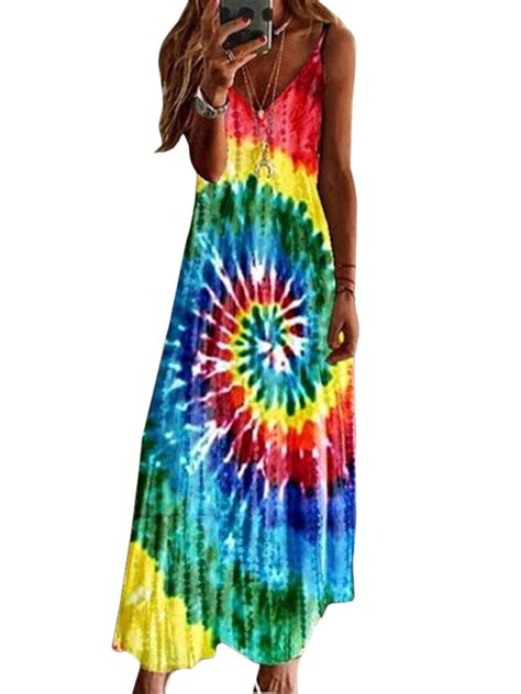 Lallc Women S Tie Dye Sleeveless Strappy Long Maxi Dress Boho Beach