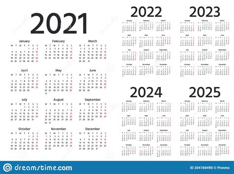 Calendario 2021 2022 2023 2024 2025 Anni Illustrazione Di Vettore