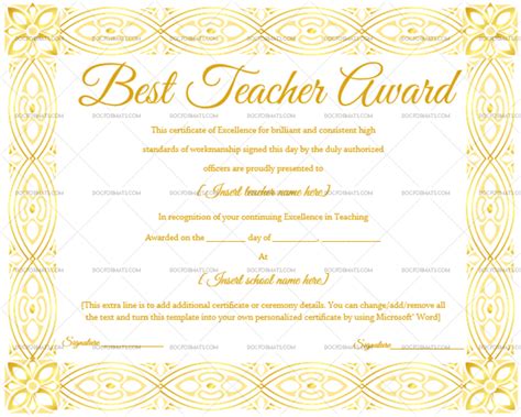 Best Teacher Award Certificate Elegant 1237 Doc Formats Teacher