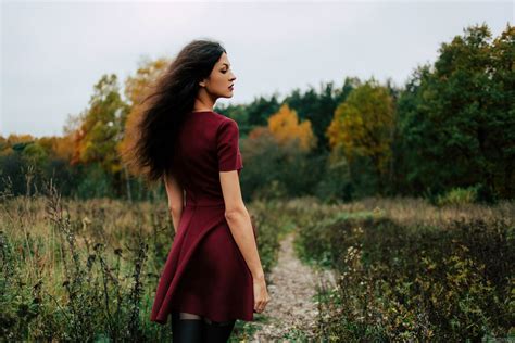 Wallpaper Model Egor Zhinkov Long Hair Red Dress Women Outdoors 2449x1633