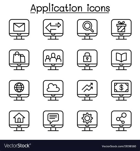 Computer Application Icon Set In Thin Line Style Vector Image