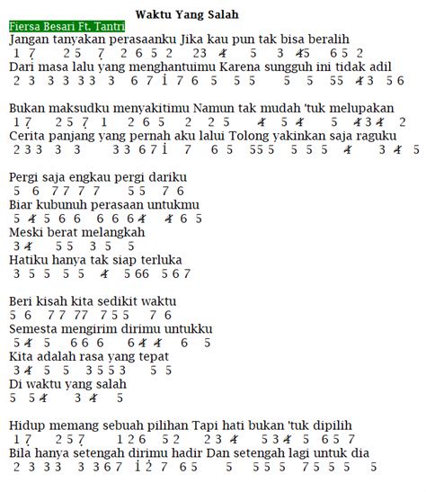 Berikut lirik lagu serta chord waktu yang salah. Not Angka Pianika Lagu Waktu Yang Salah (Fiersa Besari Ft ...