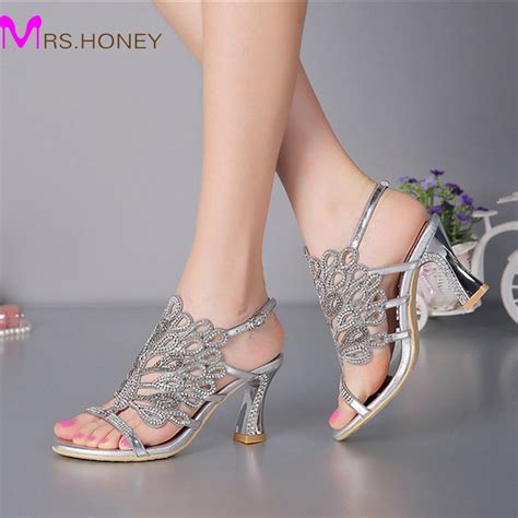 Summer New Sandals Chunky Heel Floral Silver Wedding Dress Shoes