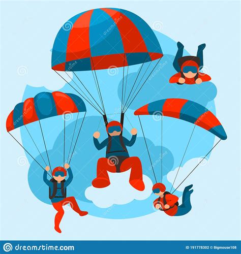 Cartoon Skydivers Paraglider Skydivers Flat Falling Characters With