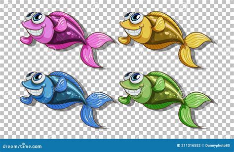 Set Of Many Fishes Cartoon Character Isolated On Transparent Background