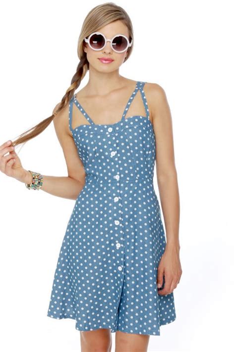 Cute Chambray Dress Polka Dot Dress Blue Dress 4200 Lulus
