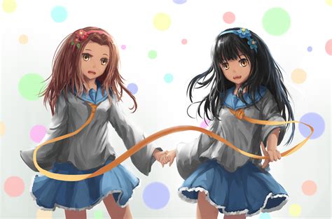 2girls Black Hair Brown Eyes Brown Hair Claris Headband Long Hair