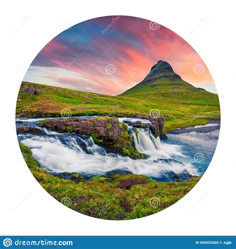 Round Icon Of Nature With Landscape Majestic Summer Sunset On Famous