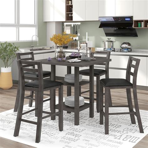 Skyland 5 Piece Wooden Counter Height Dining Set Square Dining Table With 2 Tier Storage