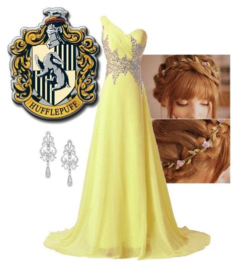 An Image Of A Woman In A Yellow Dress With Harry Potter Crest On The Back