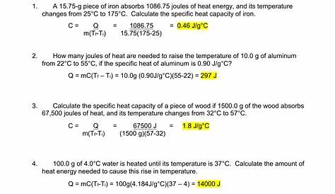 Specific Heat Worksheet Answer Key
