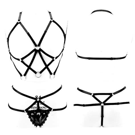 Plus Size Bdsm Sex Erotic Body Harness Cage Bra And Lace Sheer Panties Lingerie Set Gothic