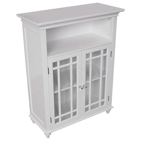 Classic White Wood 2 Door Bathroom Floor Cabinet With Glass Paneled