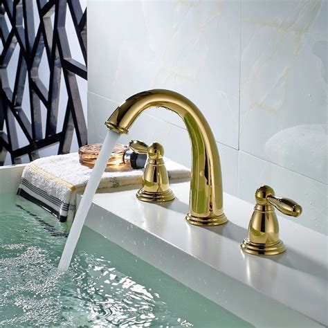 Fapully Contemporary Widespread Two Handle Centerset Gold Bathroom Sink Faucet Lavatory Vanity