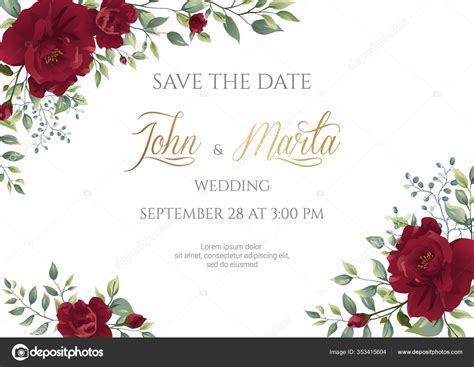 Wedding Invitation Card Red Roses Watercolor Leaves Golden Geometric
