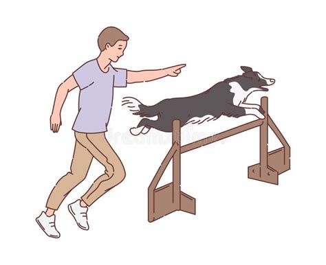 Cartoon Man Training Dog To Jump Over Hurdle Pet Trainer And Animal