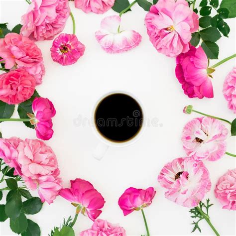 Pattern With Pink Rose Flowers Petals And Coffee Mug On White