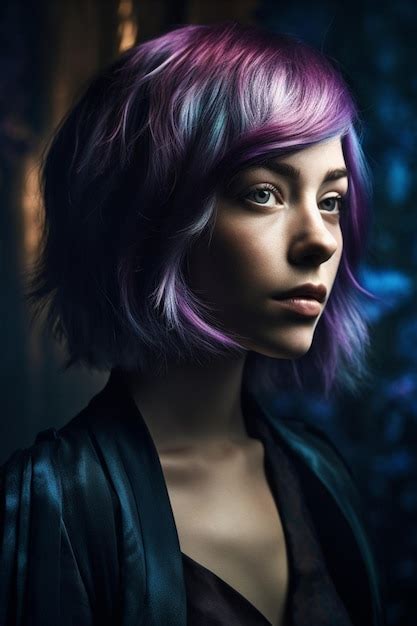 Premium Ai Image A Woman With Purple Hair And Blue Eyes Looks Into The Camera