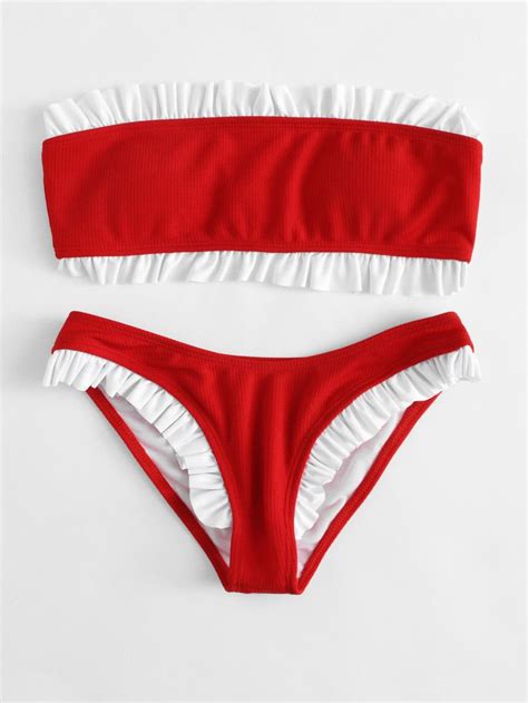 Shop Ruffle Trim Bandeau Bikini Set Online Shein Offers Ruffle Trim Bandeau Bikini Set And More